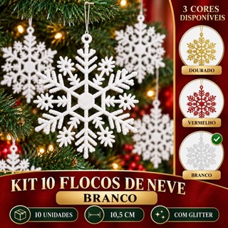 Flocos De Neve 10 Pingentes Grande C/ Glitter Decoração Enfeite Árvore Natal Branco/Vermelho/Dourado