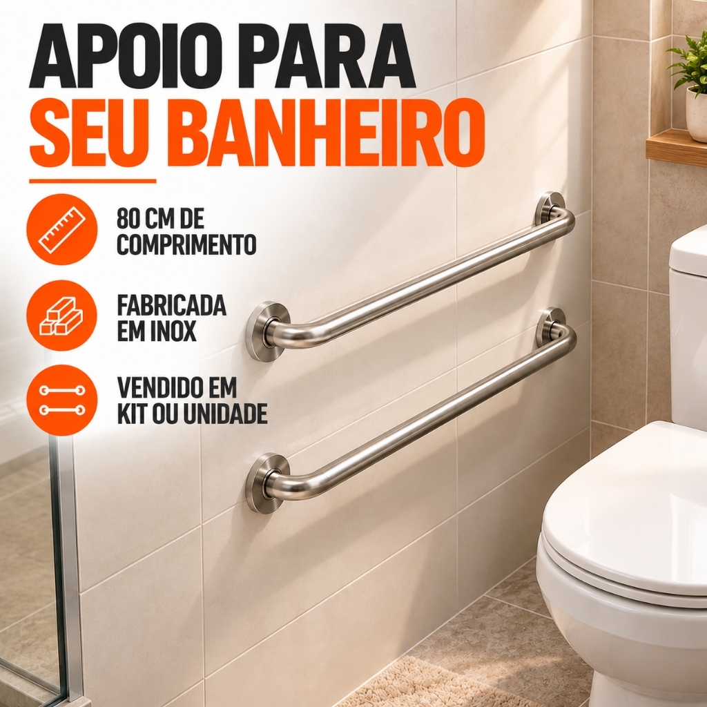Barra De Apoio Parede Banheiro Aço Inox 80cm Suporte Idoso Cadeirante PNE Kit