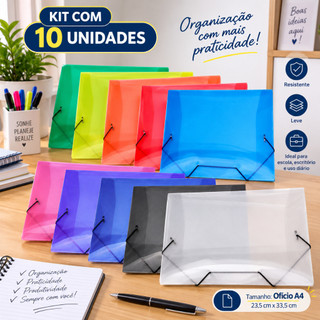 Kit 10un Pasta Plástica Transparente Aba Elástico Grande A4 Ofício 23,5x33,5cm Organizar Documentos Escritório ACP 1021