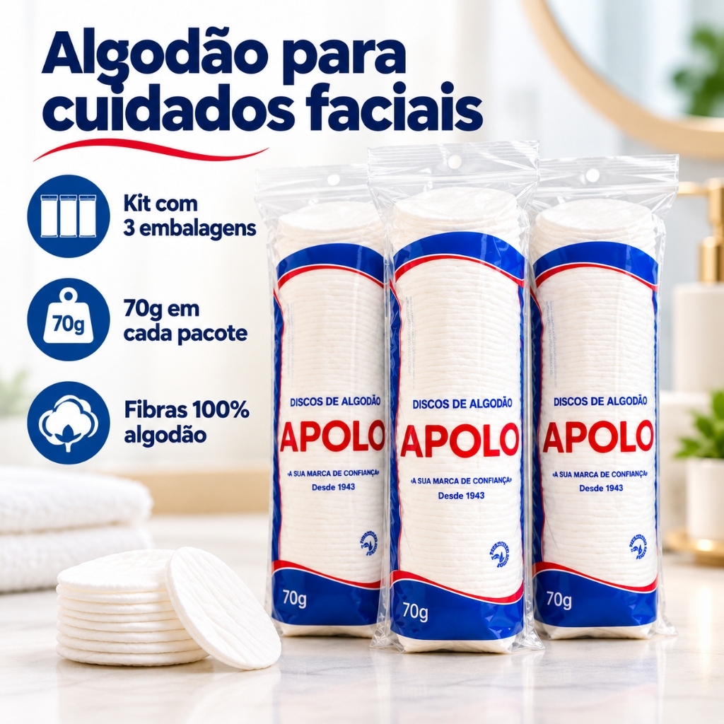 Kit Discos De Algodão Apolo 70g 3 Un Higiene E Cudado Facial