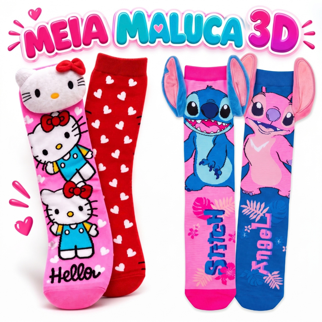Meia Maluca 3D Infantil Adulto Colorida Divertida Personagens Minnie Hello Kitty Cachorro Cano Alto Confortável Orelha