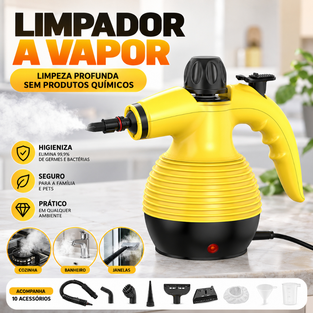 Limpador a Vapor Portátil 1200W, 250ml Tanque - Máquina de Vapor para Limpeza Profunda da Casa, Carro e Roupas