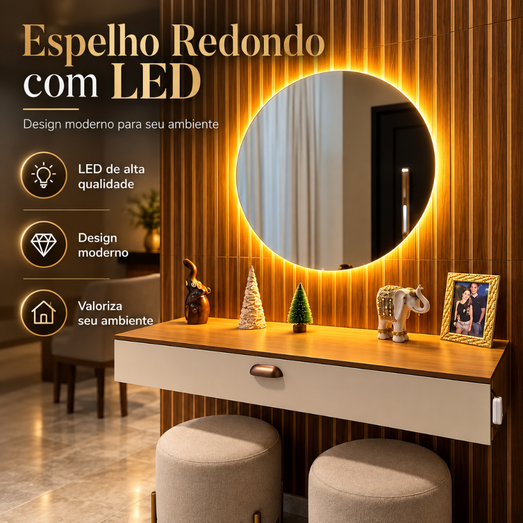 Espelho LED Redondo Lapidado para Banheiro Sala Quarto Maquiagem com Instalação Fácil