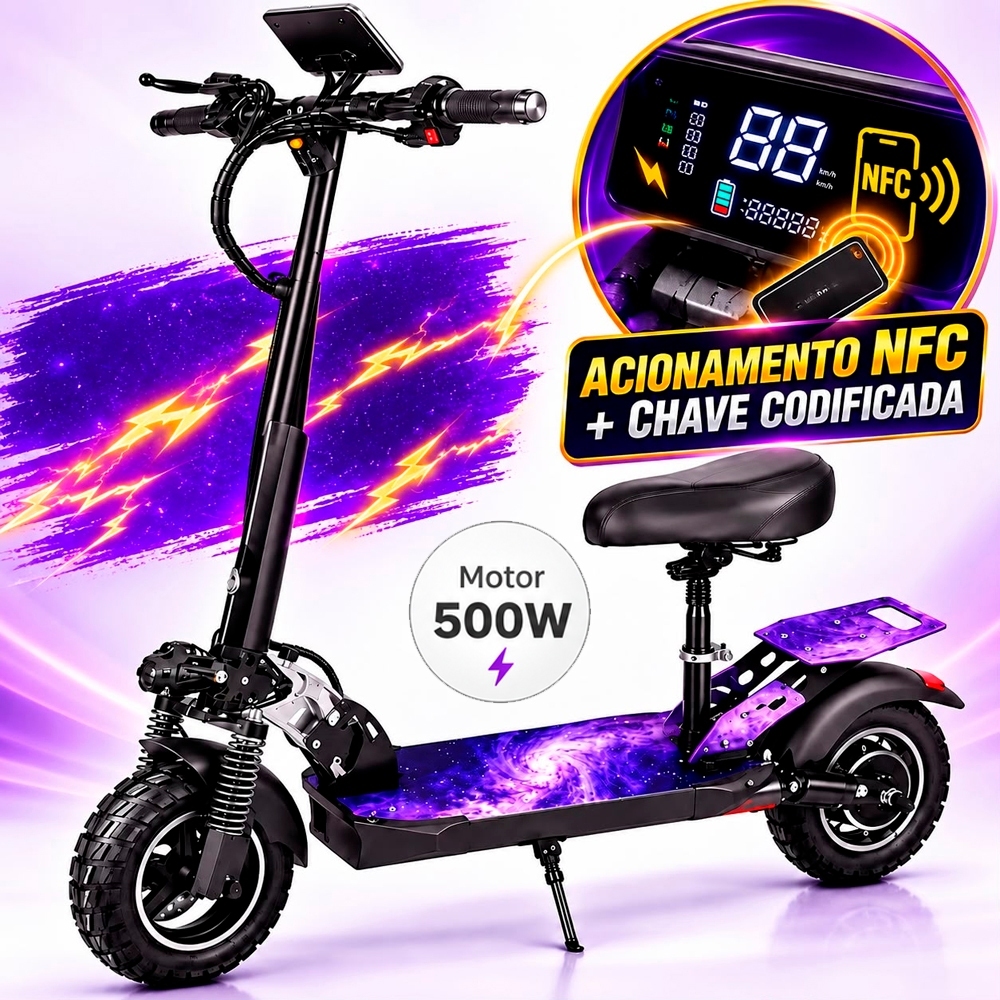 Patinete Elétrico 500W Com Banco 90km/h - 25km Autonomia, Suspensão, Dobrável, 150kg Carga, Freio Duplo