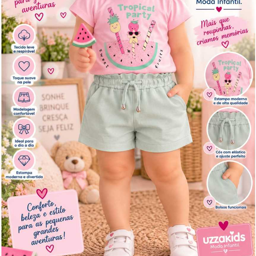Conjunto Infantil Feminino Camiseta Estampada e Short Saia  Confortável