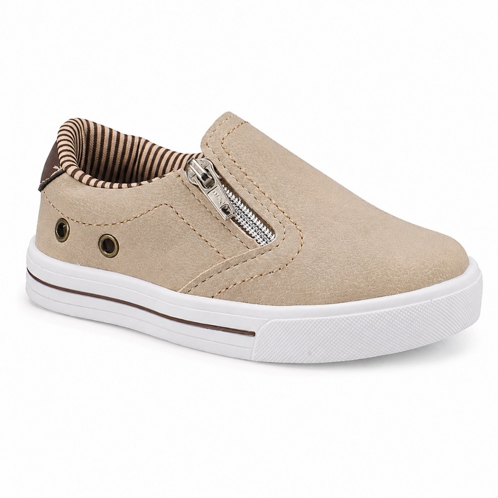 Sapatênis Infantil Masculino Bege com Zíper Slip Iate Confortável Casual Escolar Bege 22337 Pequito