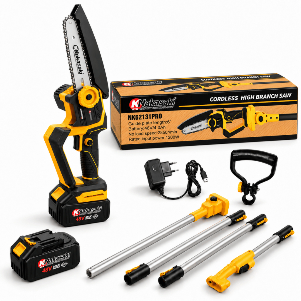 Podador de Galhos 48V Nakasaki 1200W com 2 Baterias e Extensor 3m Mini Motosserra Serra Elétrica