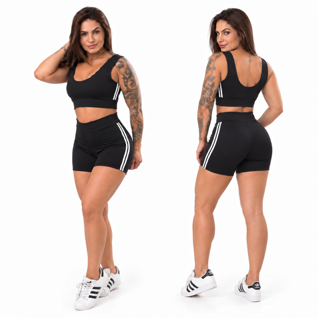 Conjunto Short e Top Com Listras Academia Cintura Alta Suplex