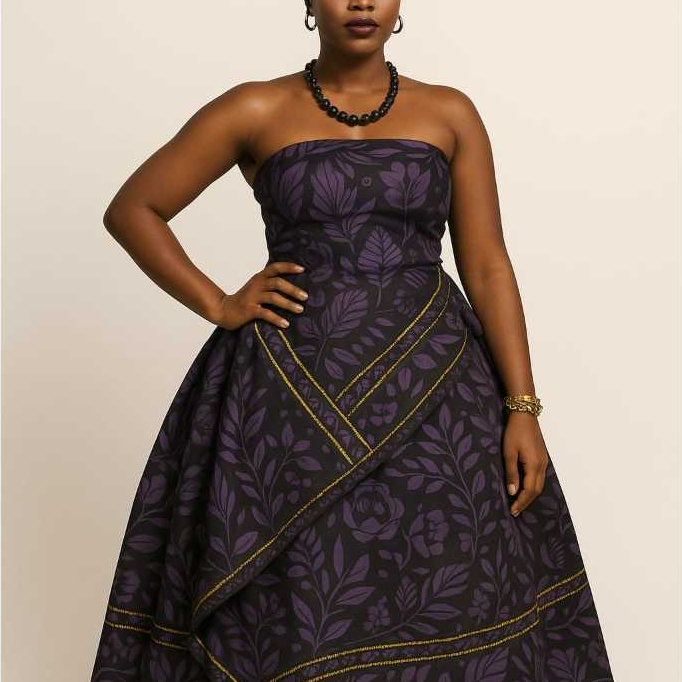 ROUPA FEMININA LUXO BAIANA POMBA GIRA 3PÇS ESTAMPADA PRETO E ROXO UMBANDA CANDOMBLÉ