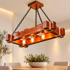 Luminária Caibro Rústico 90CM Pendente Industrial Retangular 3 Bocais E-27 Bivolt Detalhe Sisal
