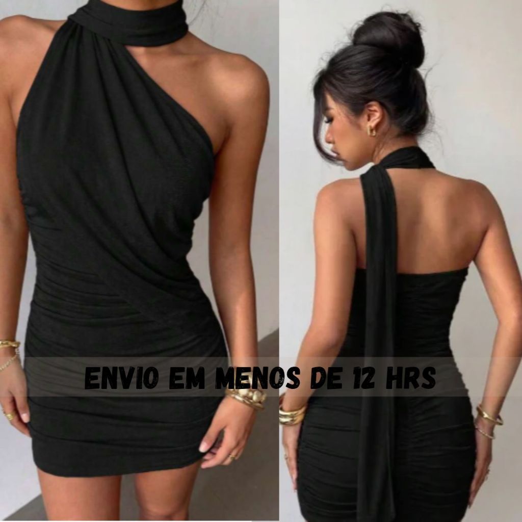 Vestido Feminino Estiloso Gola Alta Drapeada Justo Curto LARY vestidos verão festa casamento convidada noite lançamento.