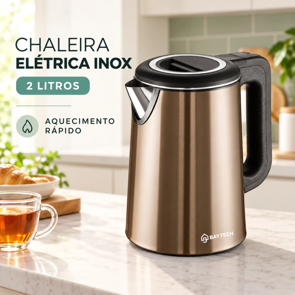 Chaleira Elétrica Inox 2L 127V/220V Aquecimento Rápido para Café e Chá Base Segura INMETRO