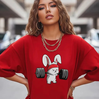 Camiseta Feminina Coelho Academia Estampada Manga Curta Algodão Confortável Casual Unissex