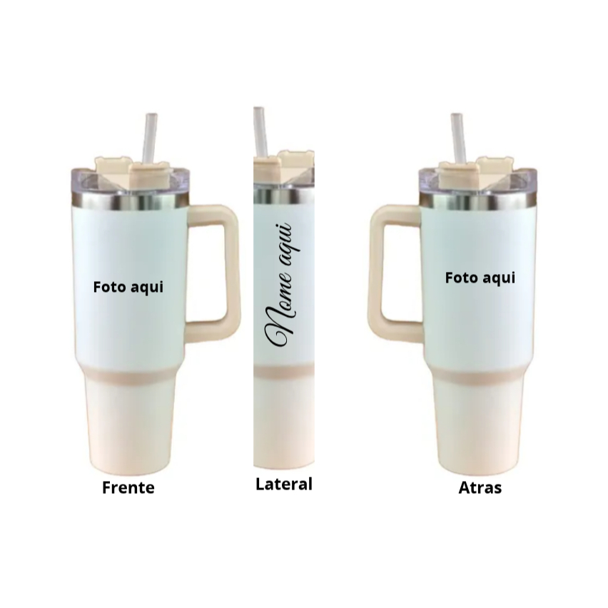 Caneca Térmica 1200ml Personalizada com Foto e Nome | Copo Térmico Inox com Alça, Tampa e Canudo | Gravação a Laser
