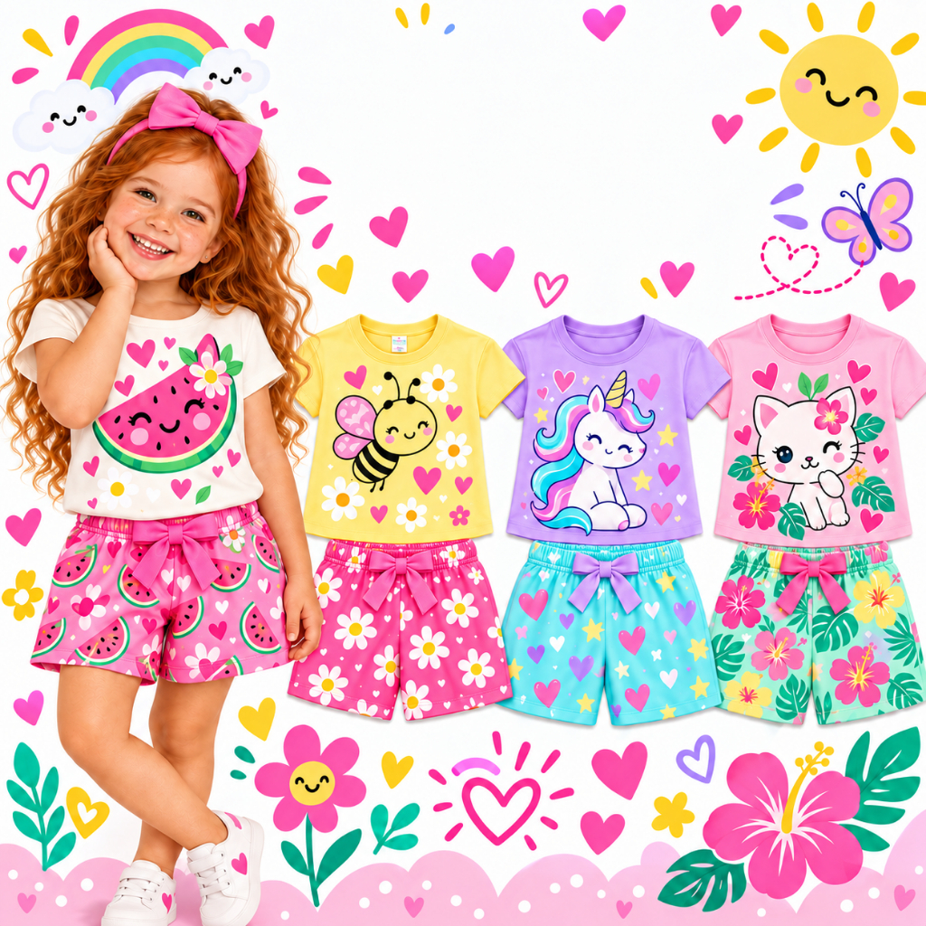 Kit Sortido 4 Peças Roupa Infantil Menina Verão Conjunto Feminino de Bebê Verão Entrega Rápida Moda Infantil Verão