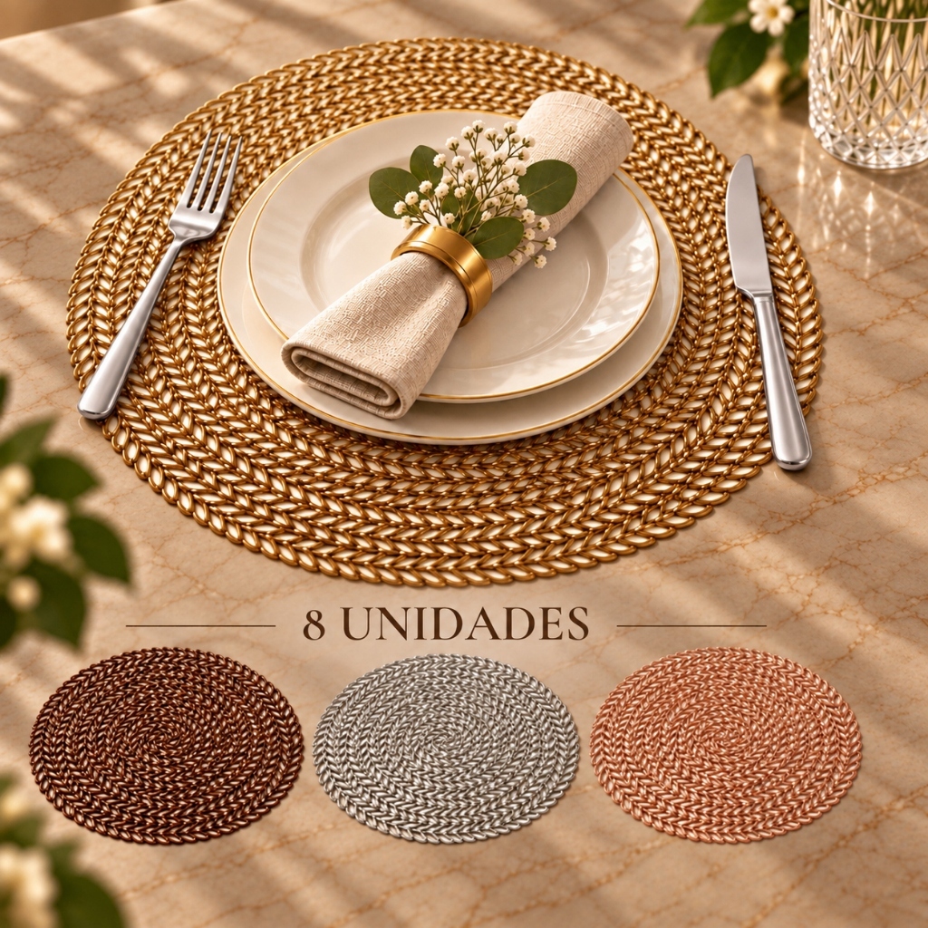 Kit 4/6/8 Peças Jogo Americano Redondo Sousplat 38cm Cozinha Mesa Jantar Descanso Prato Design Luxo Premium Impermeavel