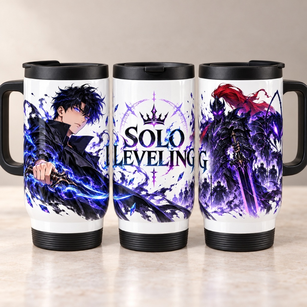 Caneca Térmica Solo Leveling Sung Jinwoo 450ml com Alça e Tampa | Copo Inox Anime Personalizado