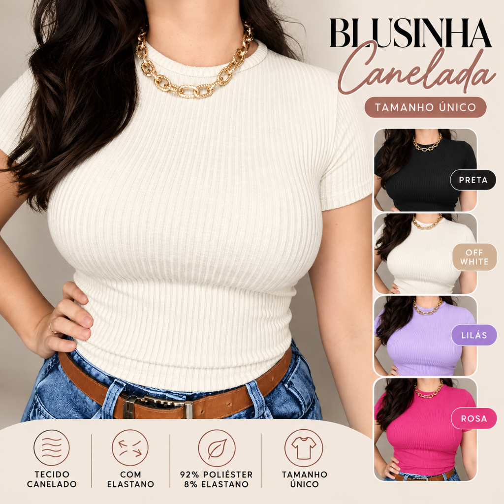 Blusinha Feminina Canelada com Elastano Manga Curta Básica Tamanho Único
