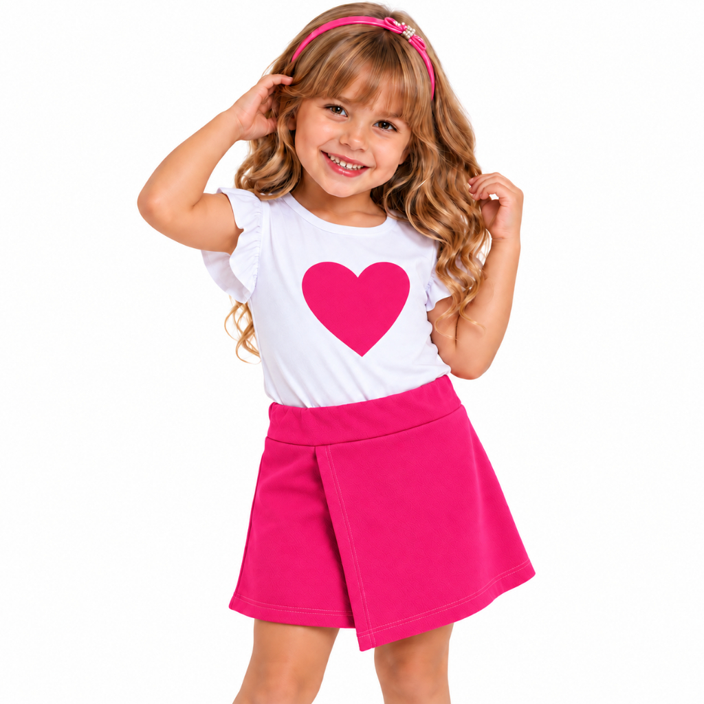 Conjunto Infantil Feminino Coração Blusa + Short Saia Menina Verão Roupa Infantil Casual 4 a 8 anos