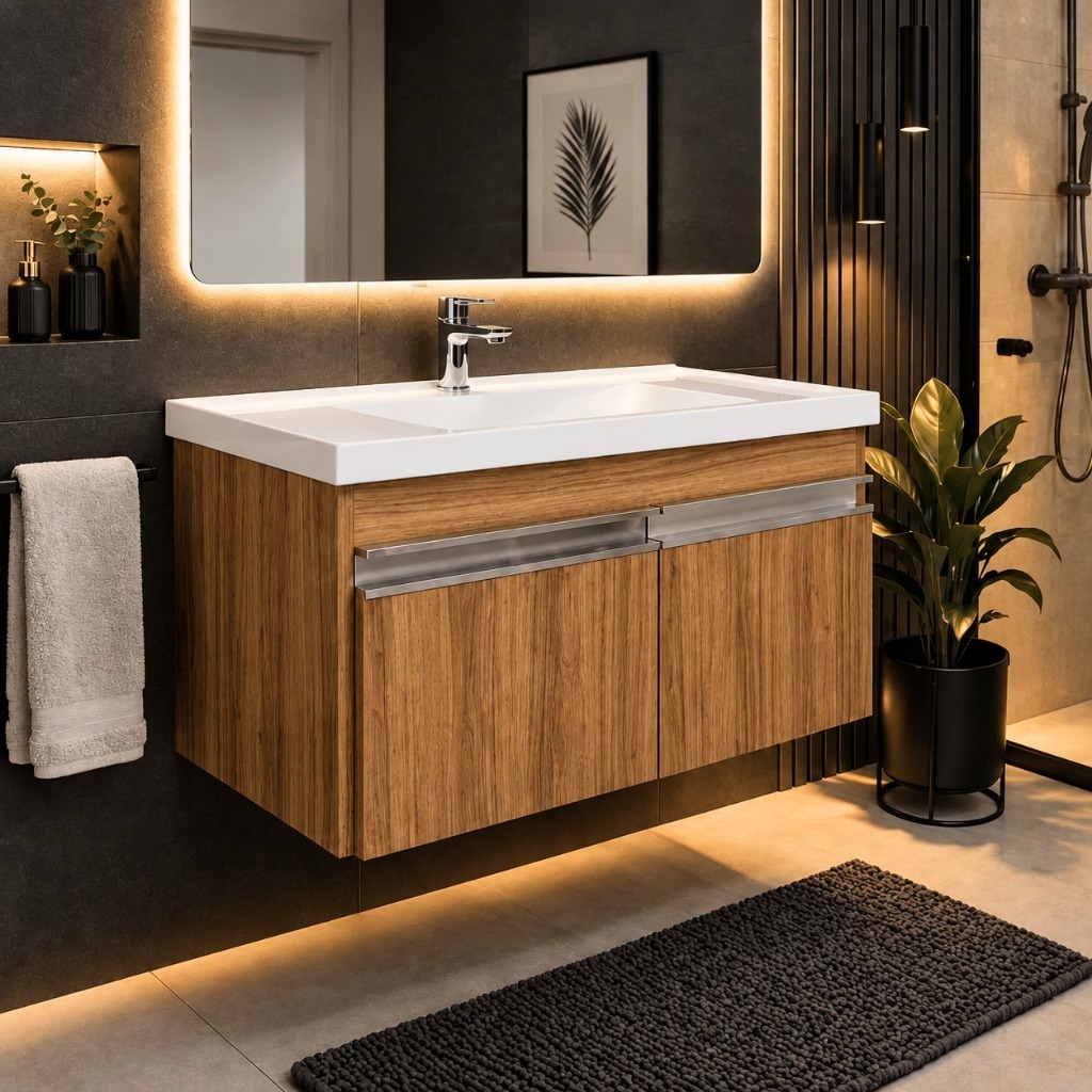 Armário Gabinete Completo para Lavabo com Pia 2 Portas Compacto Suspenso