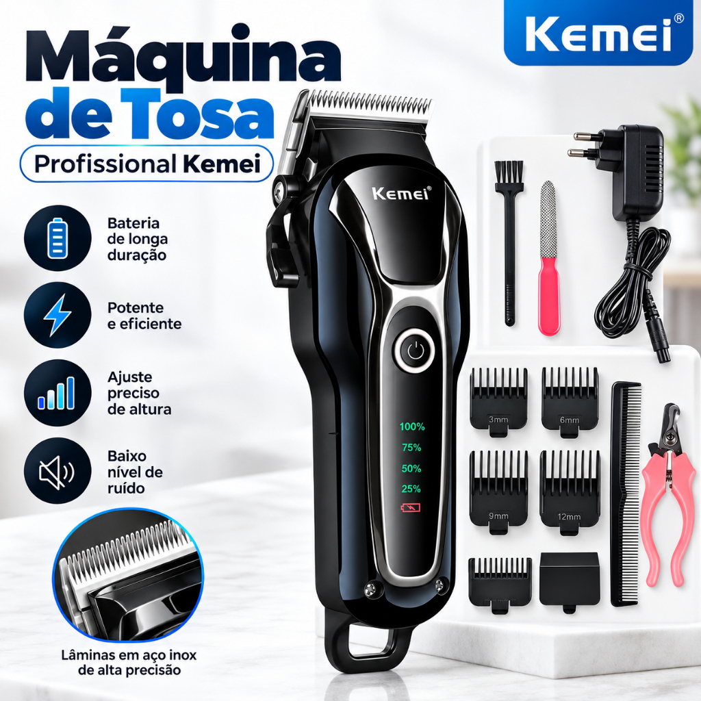 Máquina de Tosa Pet Kemei KM-1991 Profissional Aparador Removedor de Pelos Cães e Gatos