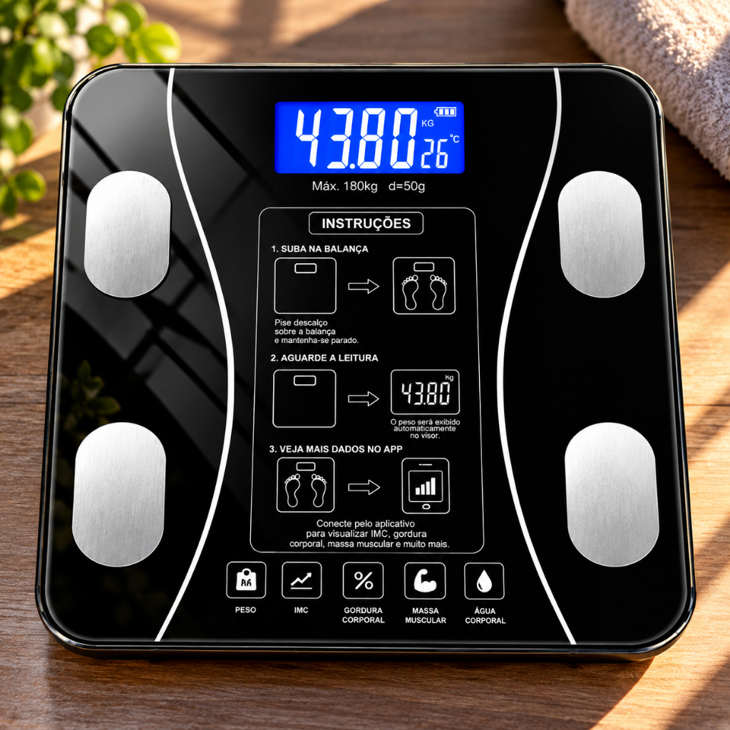 Balança Bioimpedância Digital 140kg Preta Bluetooth TOP RIO