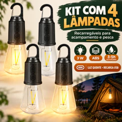 Kit 4 Lâmpadas Led Portátil Recarregáveis Para Pesca Camping Barraca De Acampamento Usb 3W Luz Quente Resistente a água