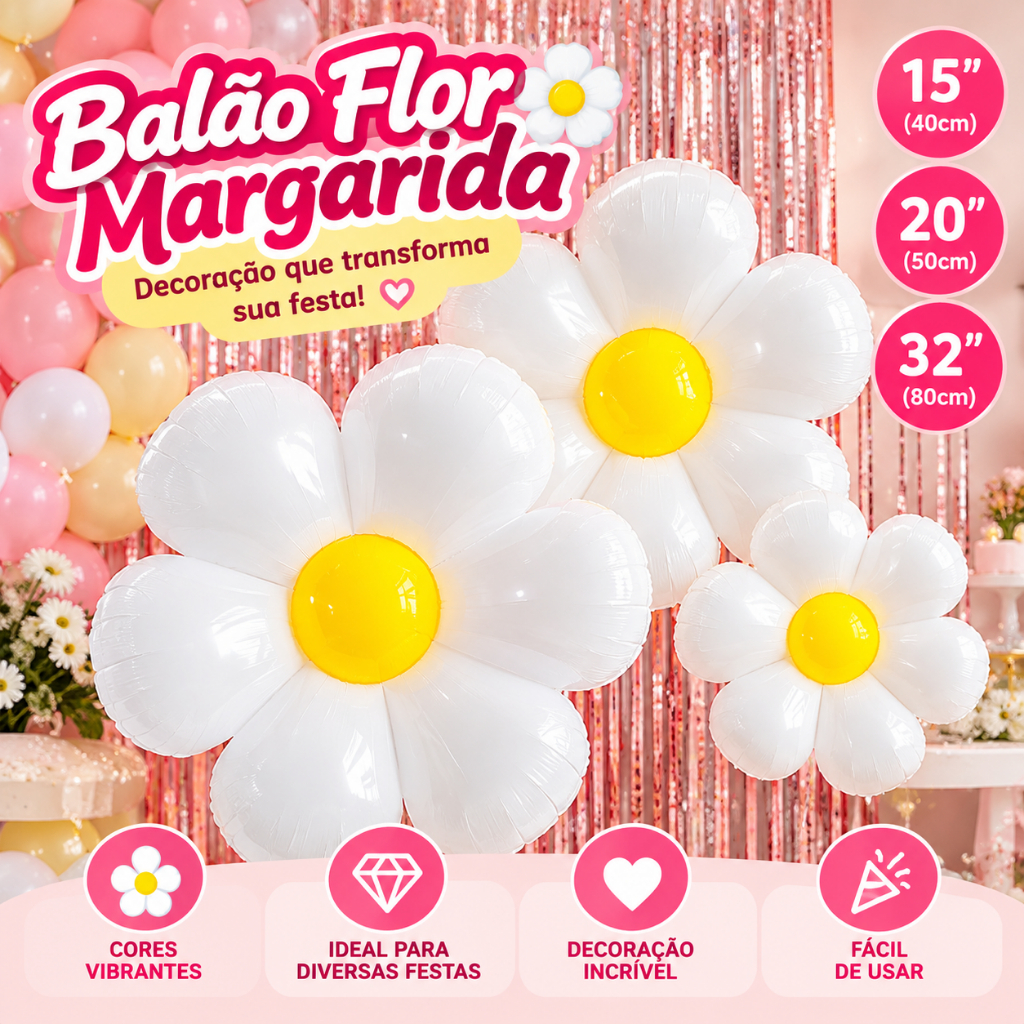 Balão Flor Margarida Branca – 15, 20 ou 32 Polegadas | Decoração Festa Verão