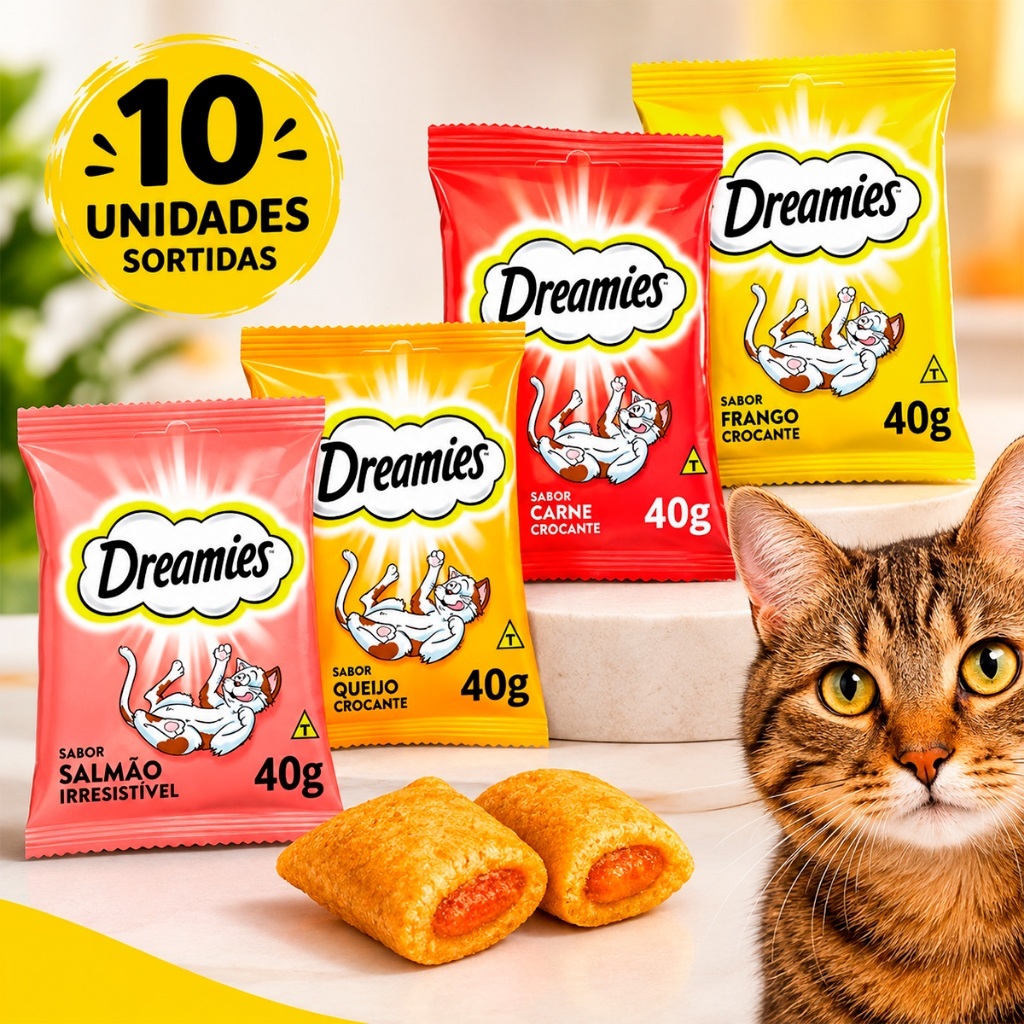 Kit Com 10 Unidades Petiscos Dreamies Para Gatos Adulto 40G Sabores Carne Frango Queijo Salmão