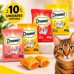 Kit Com 10 Unidades Petiscos Dreamies Para Gatos Adulto 40G Sabores Carne Frango Queijo Salmão
