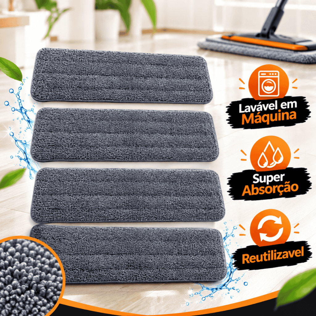 Kit Refil Mop Retangular Universal Spray Flat Mop 100% Microfibra Lavável e Reutilizável Esfregão Rodo Mágico de Limpeza