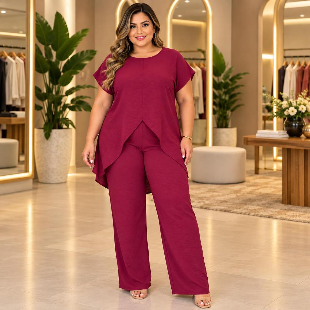 Conjunto Feminino Duna Plus Size 2 Peças Blusa Assimétrica Calça Pantalona Wide Leg Elegante Luxo Social