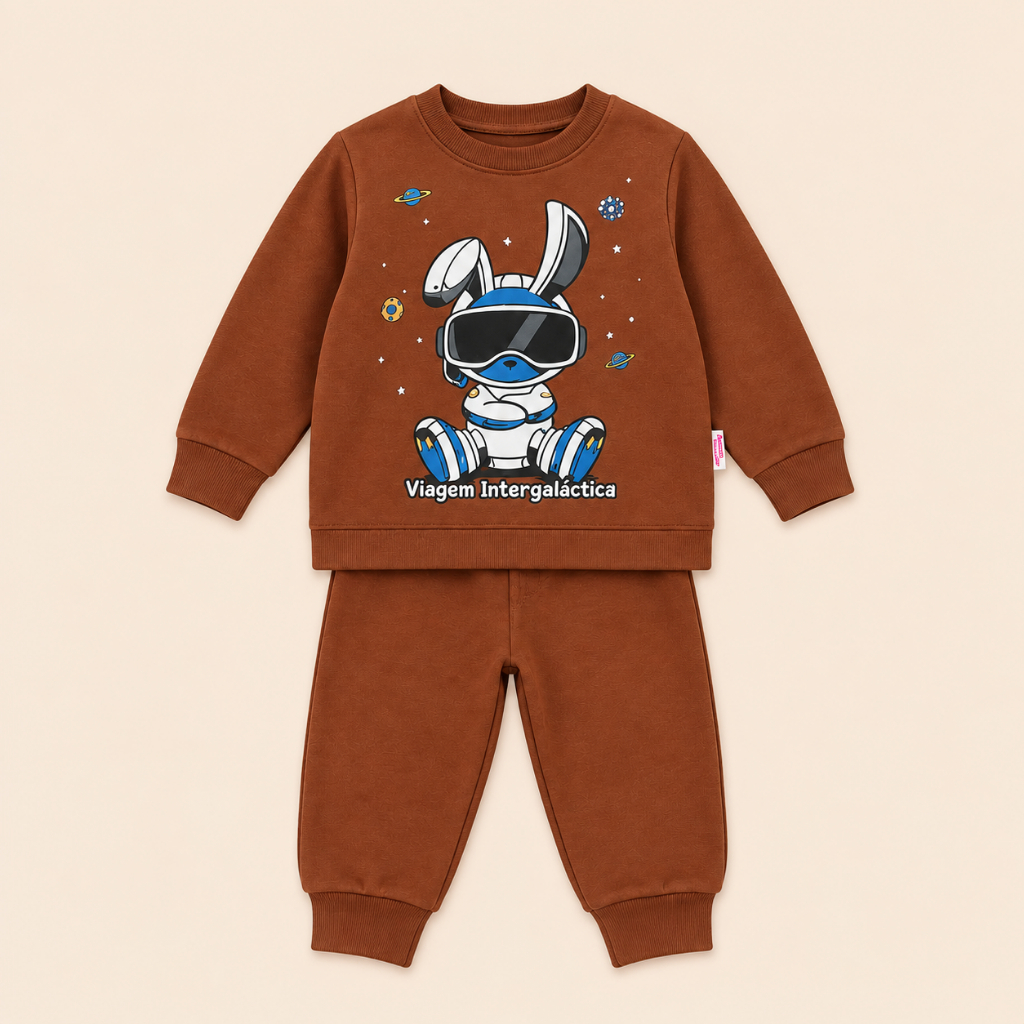 Conjunto Infantil Moletom Menino Coelhinho Astronauta Marrom Inverno Quentinho e Confortável