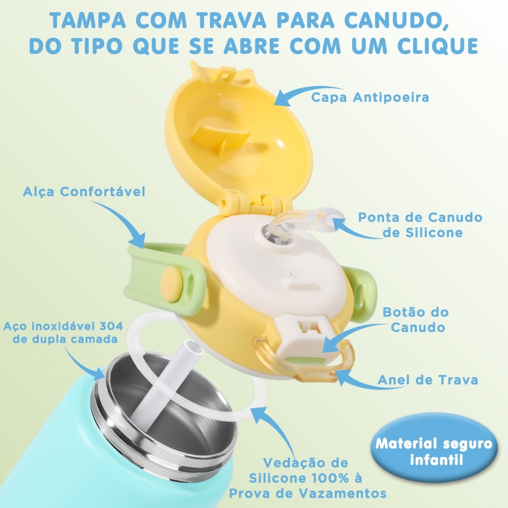 Garrafa Térmica 350ML Infântil Inox Premium Portátil Com Canudo Tampa Rosqueável Bebida Quente Fria Escola Criança — imagem 2 de 2