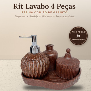 Kit Lavabo Banheiro 4 Peças Resina com Pó de Granito Marrom Dispenser Sabonete Líquido Bandeja Vaso