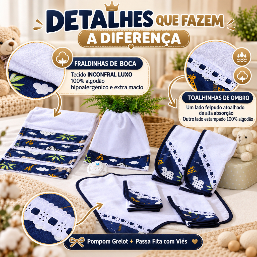 Kit Enxoval Bebê 10 Peças 5 Fraldinhas de Boca + 5 Toalhinhas de Ombro 100% Algodão Premium — imagem 2 de 2