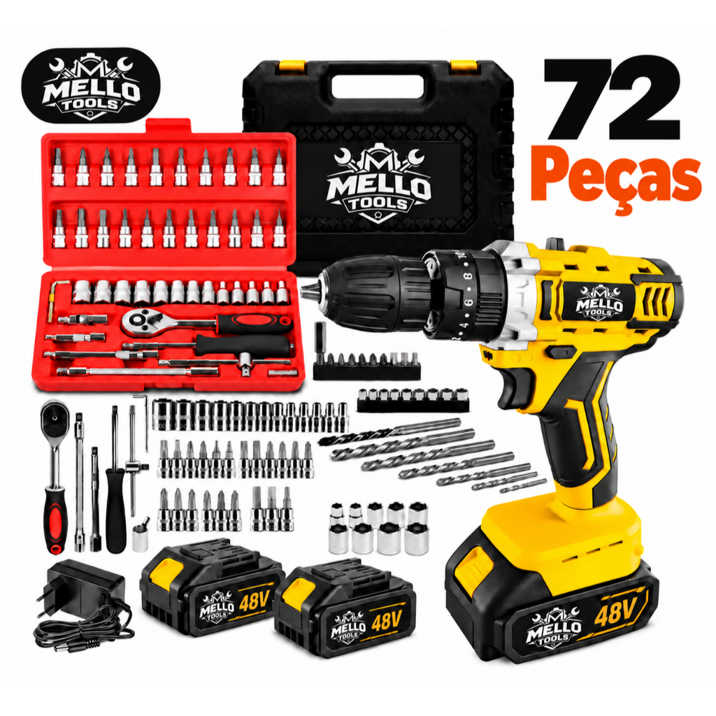 Parafusadeira Furadeira de Impacto 48V Sem Fio 2 Baterias 3 Funções com Maleta e 30 Acessórios Mello Tools