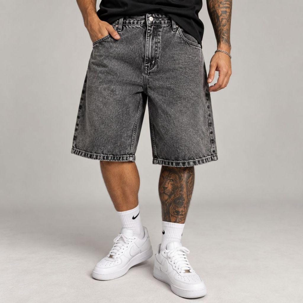 Bermuda Balão Jeans Masculina Baggy Jorts Grafite Estonada Larga Streetwear Oversized Skatista Wide Leg 36 ao 48
