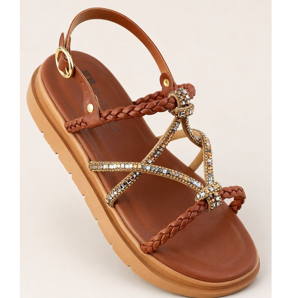 Sandália Papete Feminina Dulinda Caramelo com Pedrarias Brilhantes Luxo Elegante Confortável Flatform Tendência Moda
