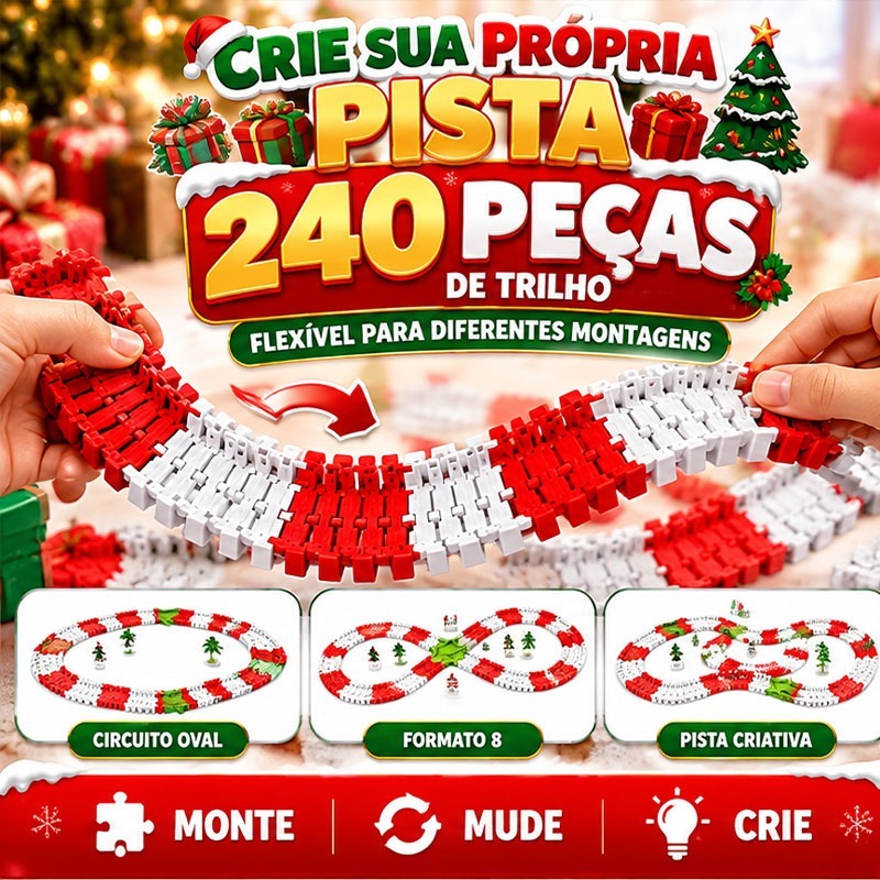 Festa Pista de Trem Natalina 262 Peças com 240 Trilhos Flexíveis para Montar e Criar