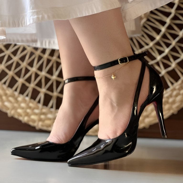 Scarpin Feminino Slingback  Verniz Santorine Solado vermelho com Salto Fino 10cm - Elegante Luxo