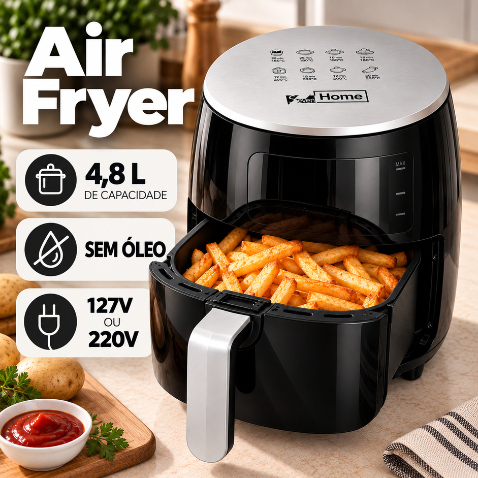 Fritadeira Elétrica Air Fryer 4,8 L 220V Sem Óleo Cesto Removível Cozinha Assados Fritos e Refeições - Envio Imediato