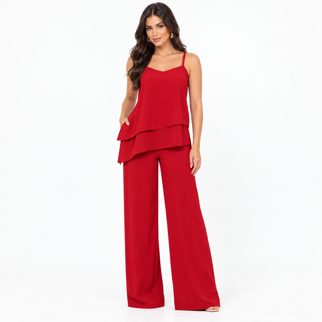 Conjunto Feminino Assimétrico Calça Pantalona e Blusa de Alcinha Elegante Social