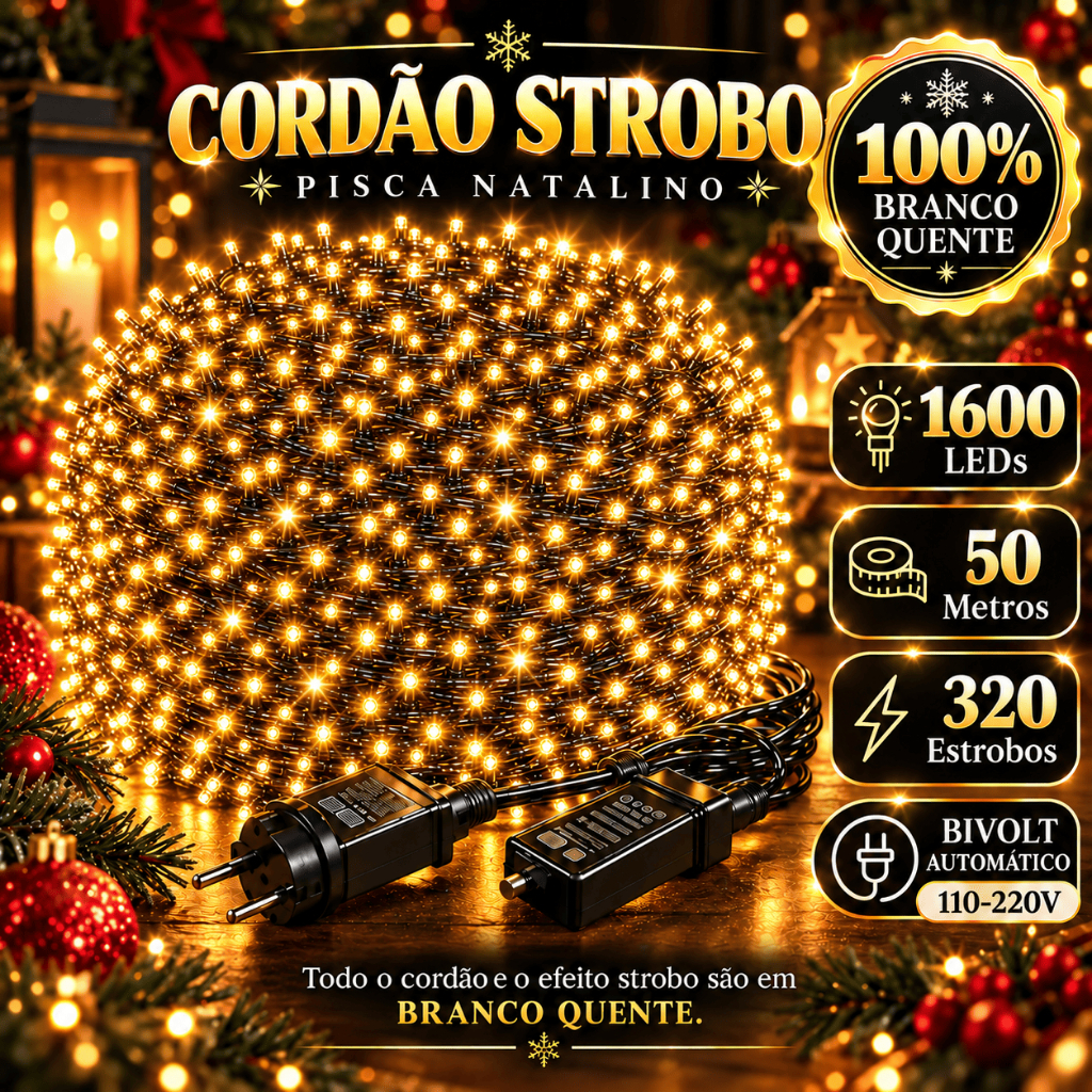 Cordão Strobo Natal 50 Metros Bivolt 1600 Leds Pisca Pisca Prova D'Água Luz Led Branco Quente 320 Flash