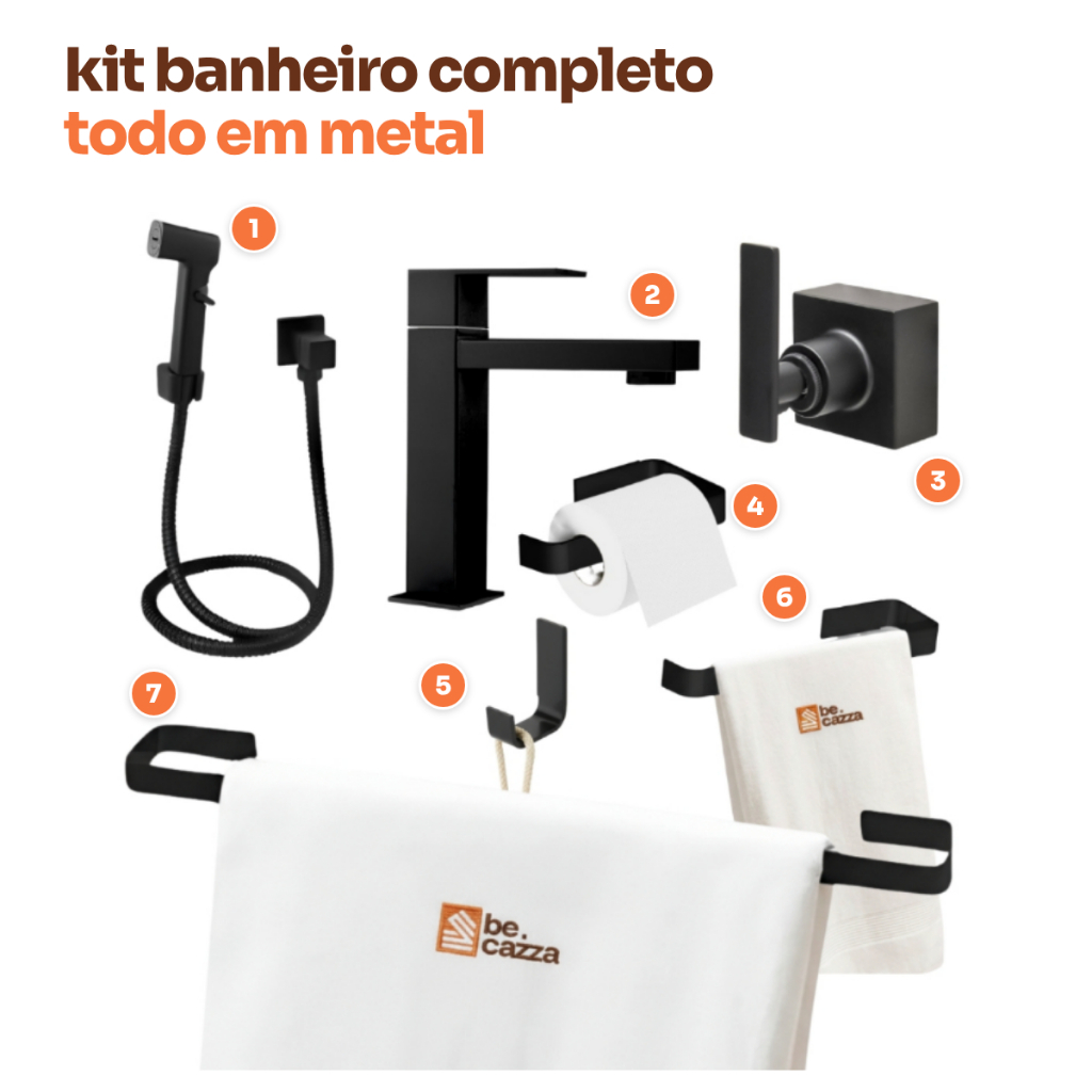 Kit Banheiro Preto Fosco 7 Peças Torneira Ducha Higiênica Acabamento Padrão Deca Toalheiro Papeleira