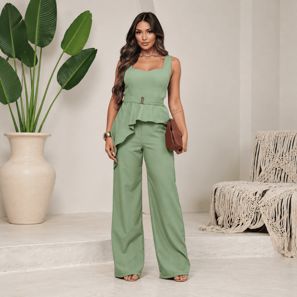 Conjunto Feminino Assimétrico Luis Twill Calça Pantalona Elegante Moda Feminina P ao GG