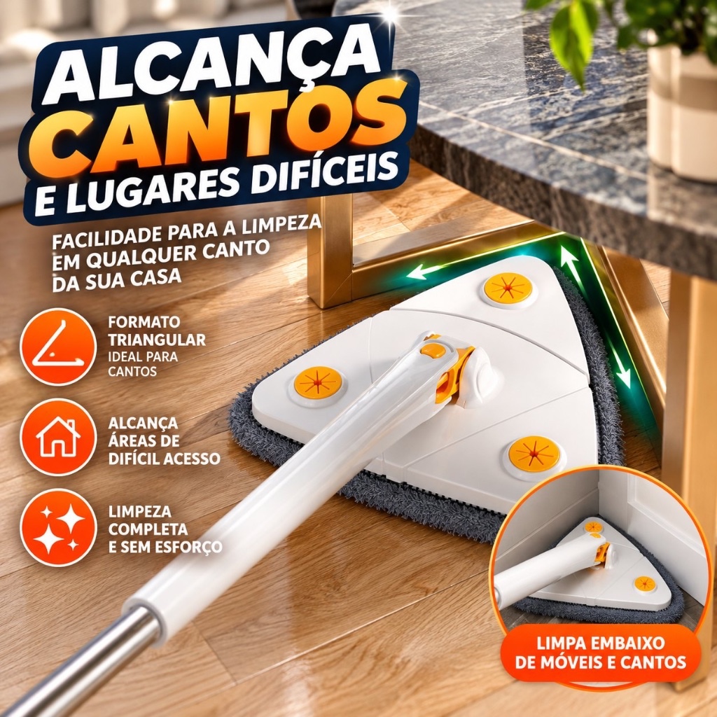 Mop rodo Triangular Giratório 360° Rodo Esfregão Limpeza Mágico Microfibra Cabo 130cm Para Pisos e Cantos + Refil — imagem 2 de 2