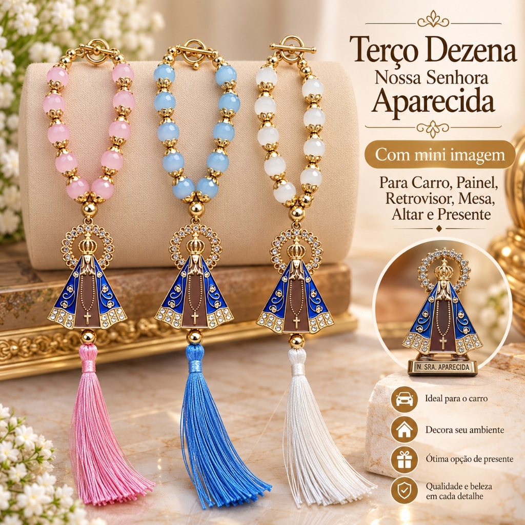 KIT Terço Nossa Senhora Aparecida + Imagem Santinha Para Carro Painel Retrovisor Mesa, Altar, Casa, Ideal para Presente — imagem 2 de 2