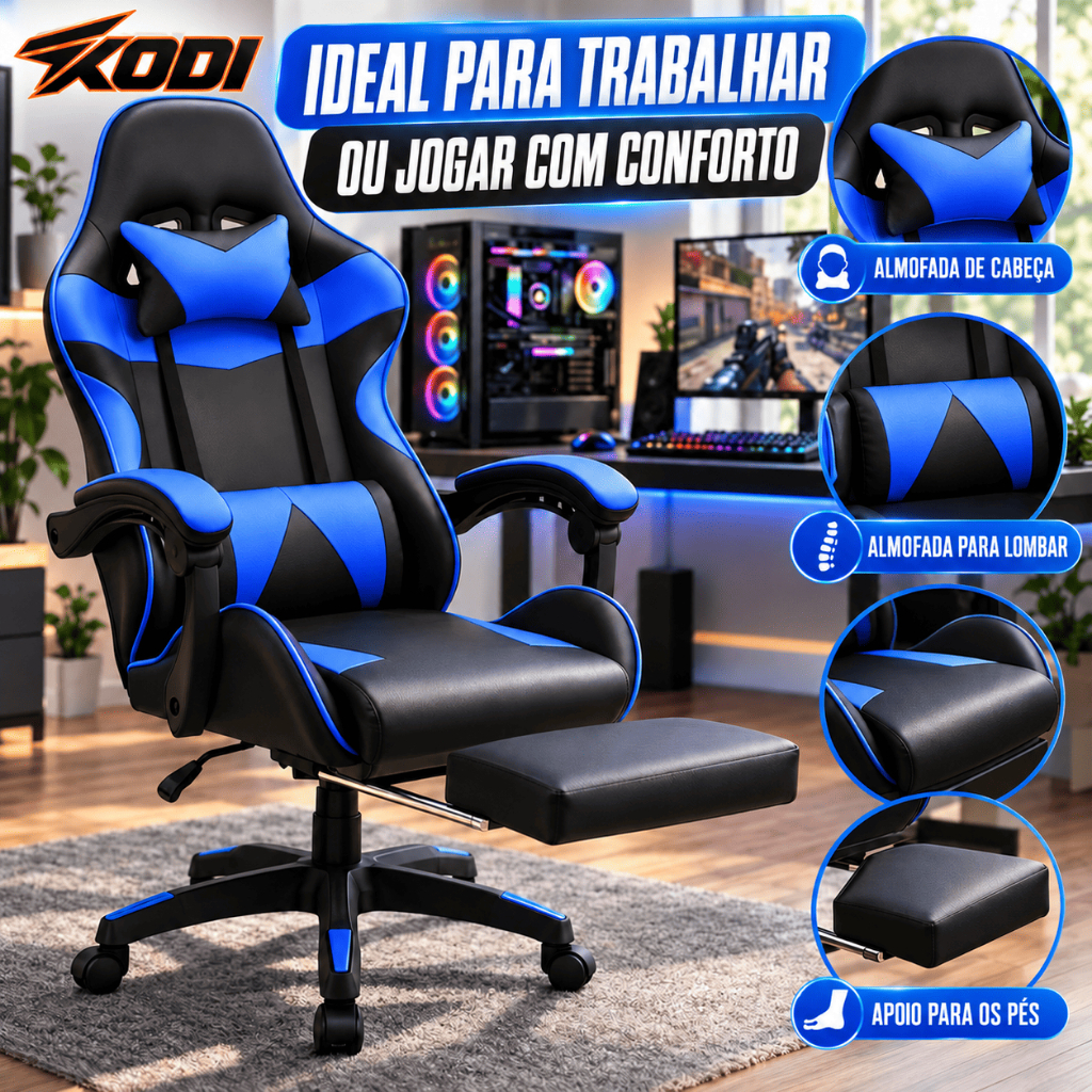 Cadeira Gamer Ergonômica Reclinável com Apoio Para Pés e Rodinhas Confortável para Escritório e Jogos