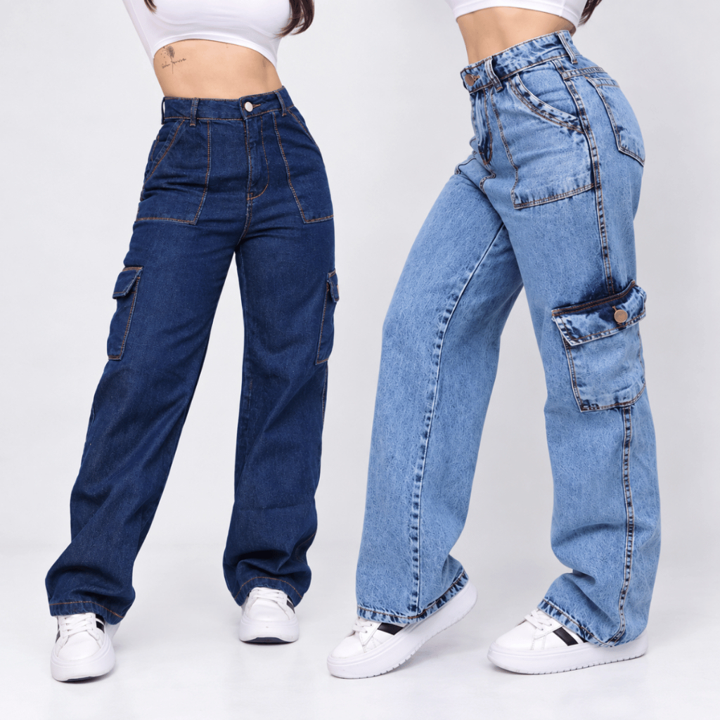 Calça Jeans Wide Leg Cargo Moda Feminina Pantalona Bolso Lateral Cintura Alta Jeans Premium